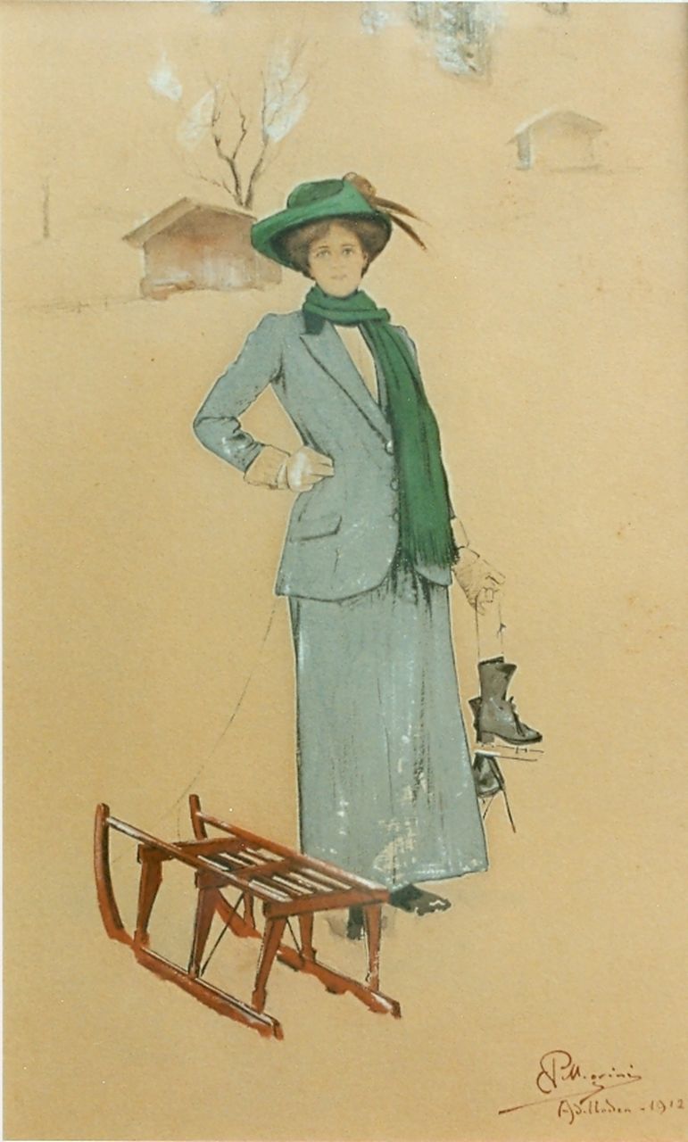 Pellegrini C.  | Carlo Pellegrini, Elegant young lady by a sled, Aquarell auf Papier 39,0 x 24,6 cm, signed l.r.
