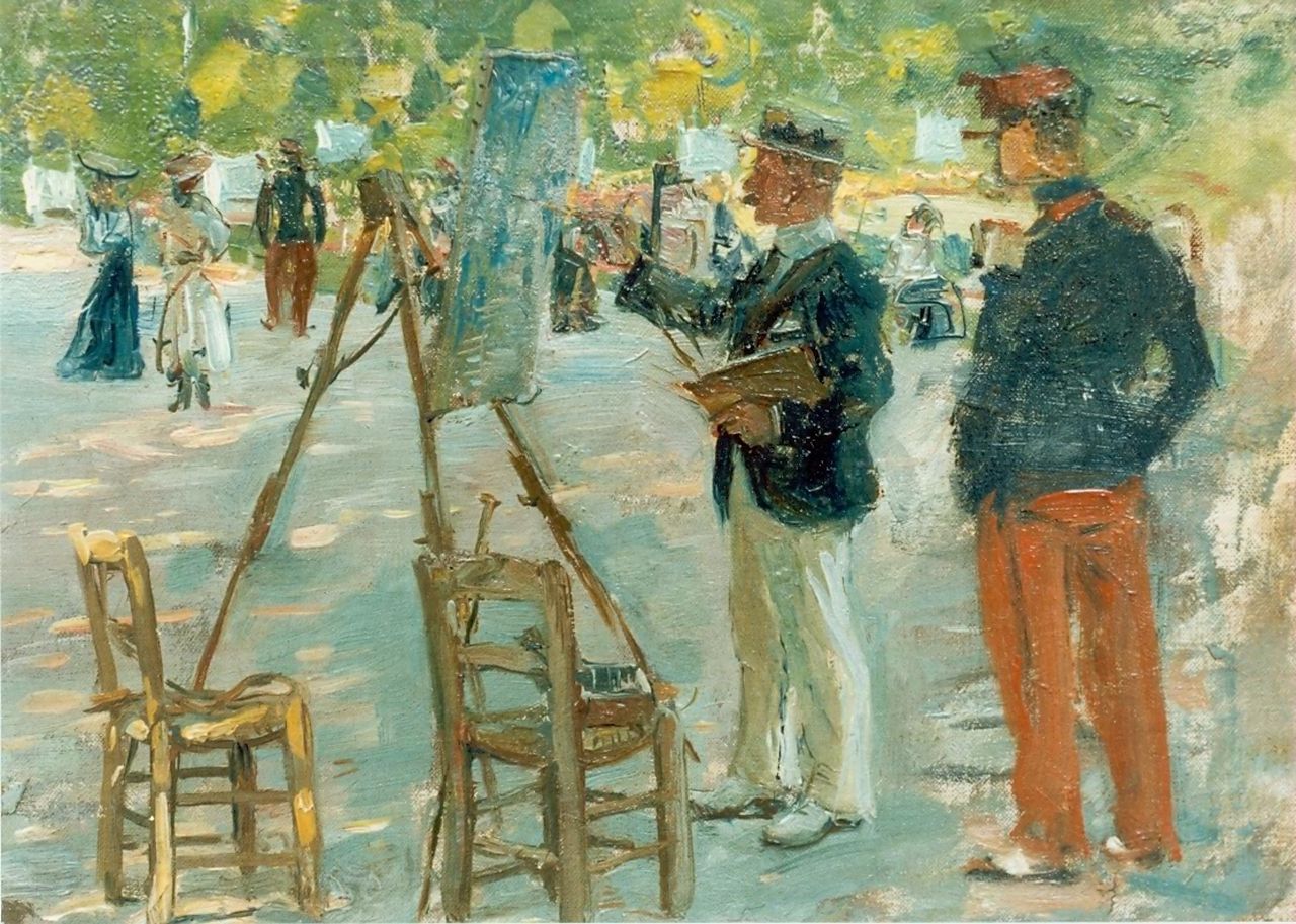 Hoynck van Papendrecht J.  | Jan Hoynck van Papendrecht, A painter 'en plein air', Öl auf Leinwand auf Holz 21,8 x 29,6 cm