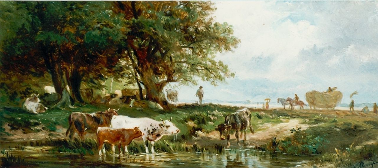 Prooijen A.J. van | Albert Jurardus van Prooijen, Watering cows, Öl auf Holz 14,9 x 33,0 cm, signed l.r.