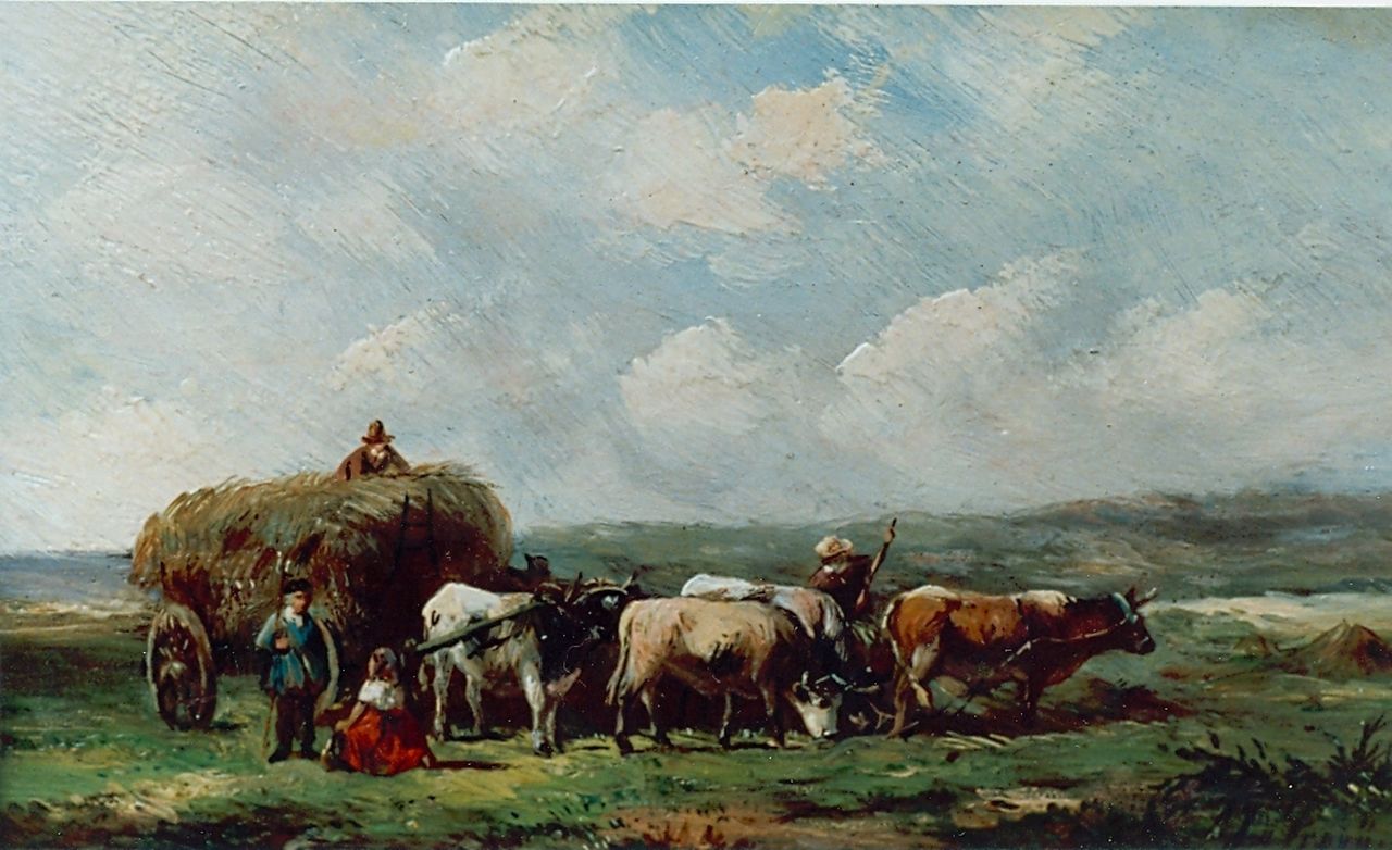 Prooijen A.J. van | Albert Jurardus van Prooijen, The hay harvest, Öl auf Holz 12,7 x 20,0 cm, signed l.r.