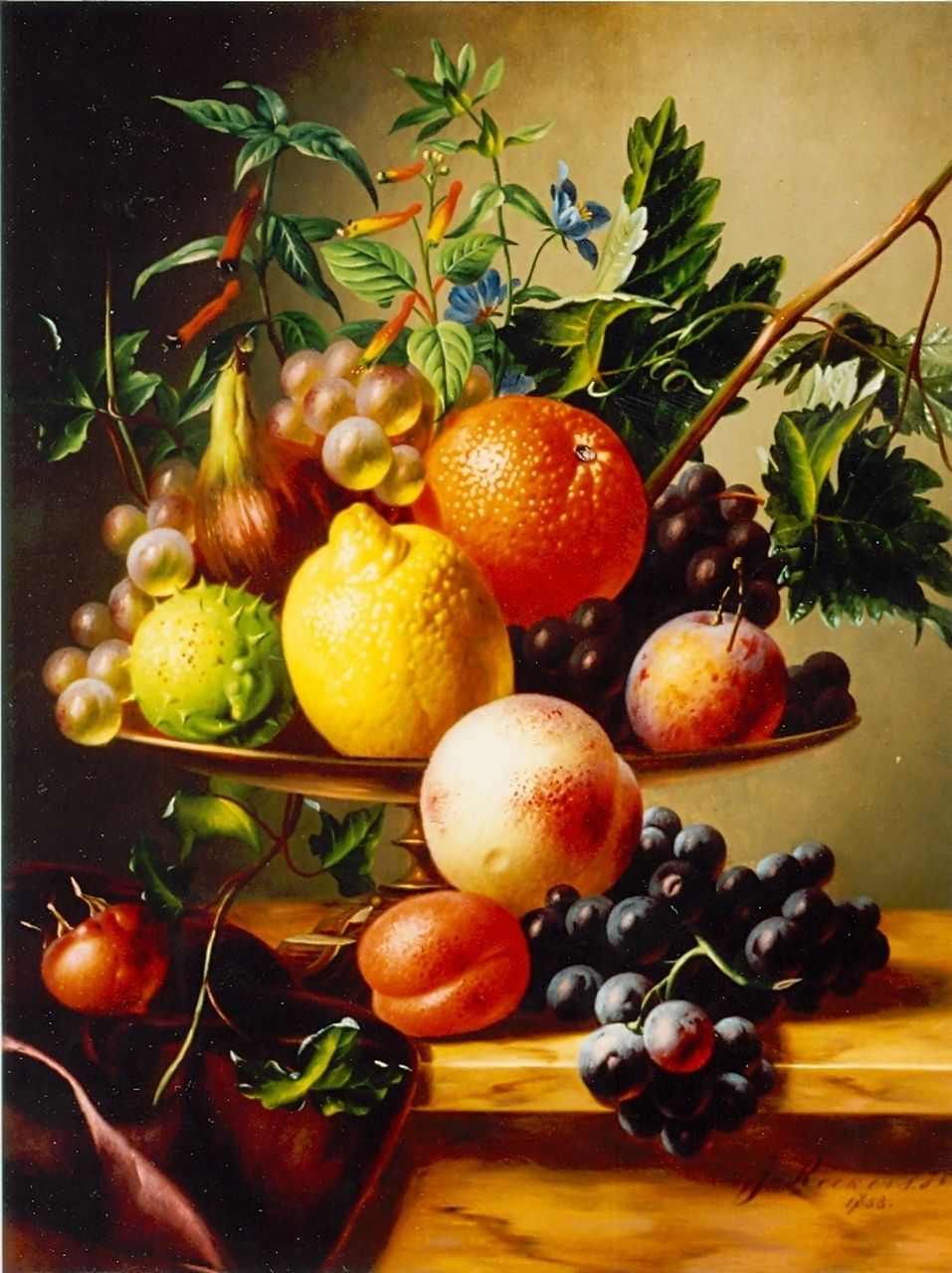 Reekers jr. Joh.  | Johannes Reekers jr., A still life with a lemon, peach and grapes, Öl auf Holz 43,7 x 34,2 cm, signed l.r. und dated 1853
