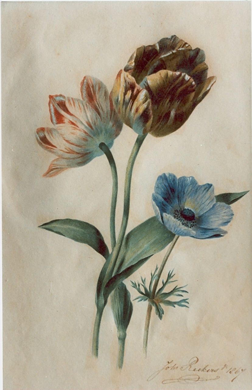 Reekers jr. Joh.  | Johannes Reekers jr., A flower still life, Aquarell auf Papier 36,4 x 24,1 cm, signed l.r. und dated 1867