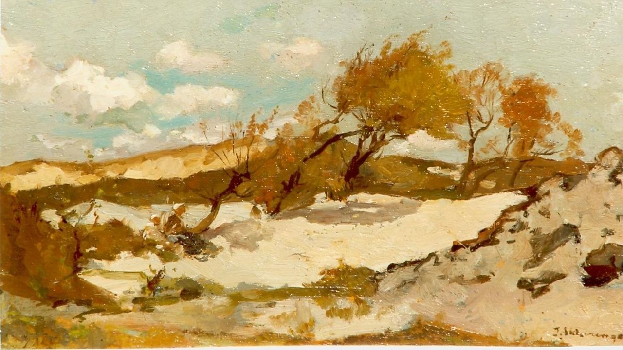 Akkeringa J.E.H.  | 'Johannes Evert' Hendrik Akkeringa, Behind the dunes, Öl auf Leinwand 13,0 x 20,0 cm, signed l.r.