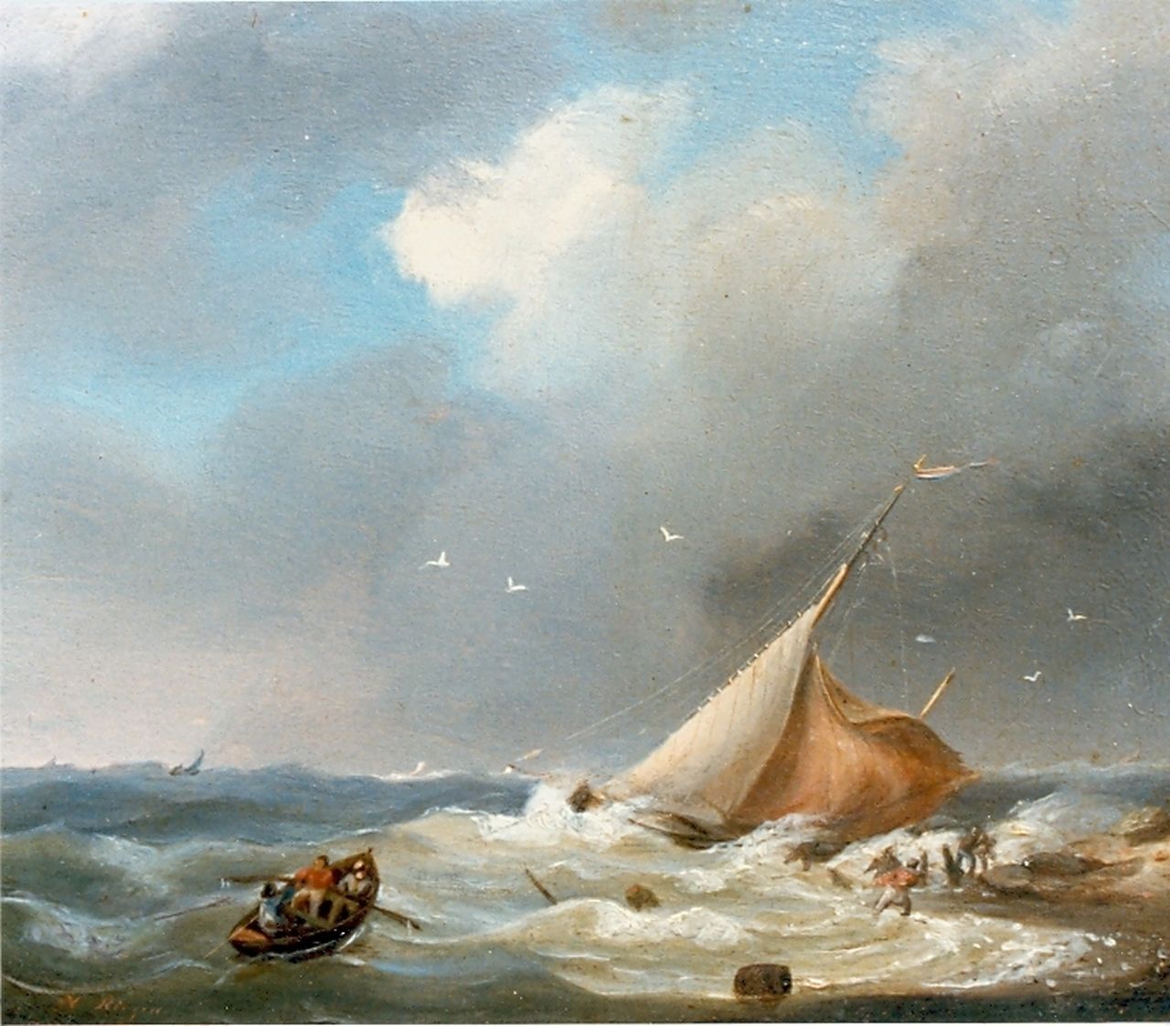 Riegen N.  | Nicolaas Riegen, A sailing vessel in distress, Öl auf Holz 12,4 x 15,2 cm, signed l.l. und dated 1846