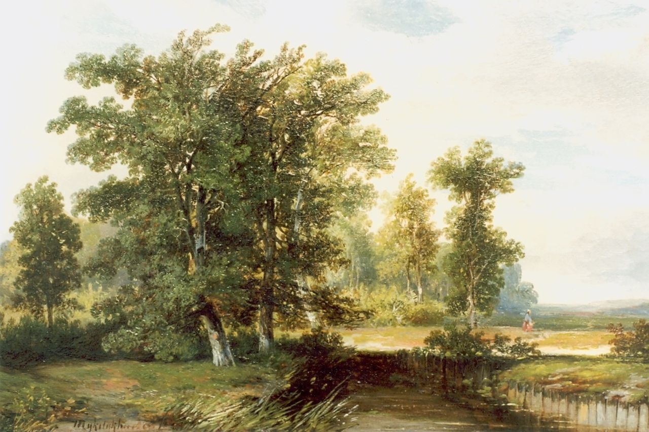 Rijkelijkhuysen H.J.H.  | Hermanus Jan Hendrik Rijkelijkhuysen, A wooded landscape, Öl auf Holz 28,2 x 42,0 cm, signed l.l.