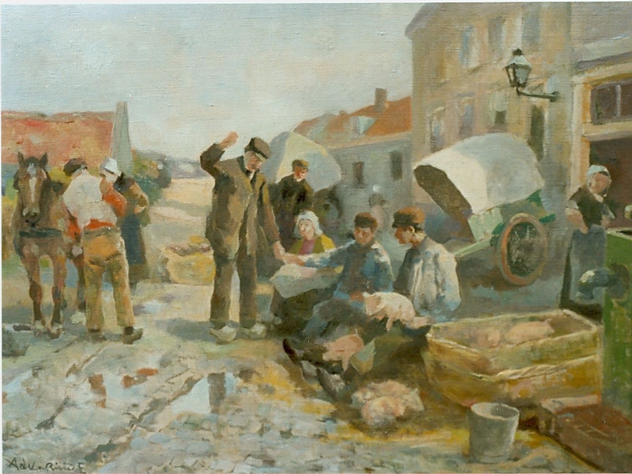 Rivière A.P. de la | Adrianus Philippus 'Adriaan' de la Rivière, Market day, Öl auf Leinwand 35,0 x 50,0 cm, signed l.l.