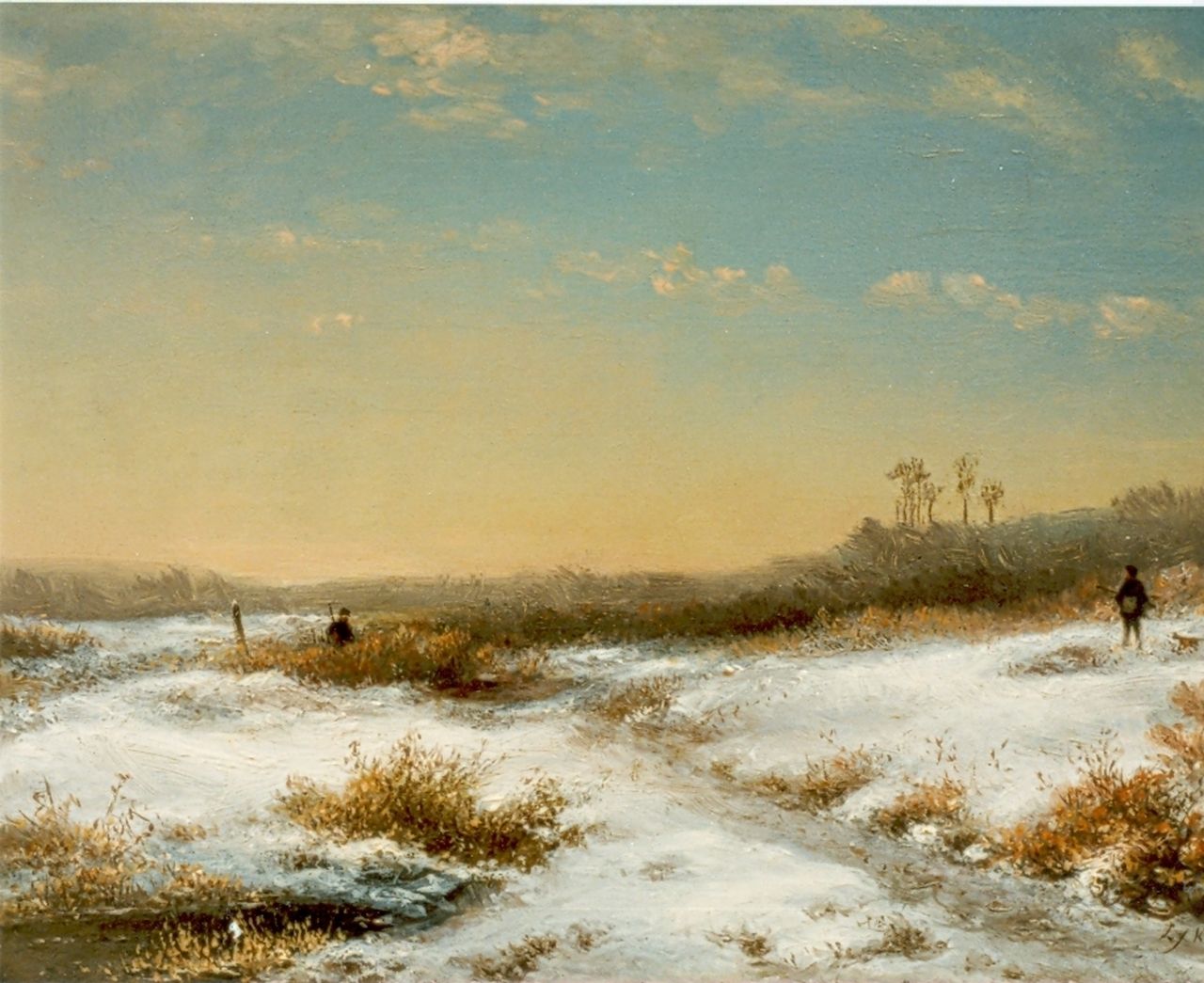 Kleijn L.J.  | Lodewijk Johannes Kleijn, Hunters in a winter landscape, Öl auf Holz 32,5 x 31,2 cm, signed l.r.