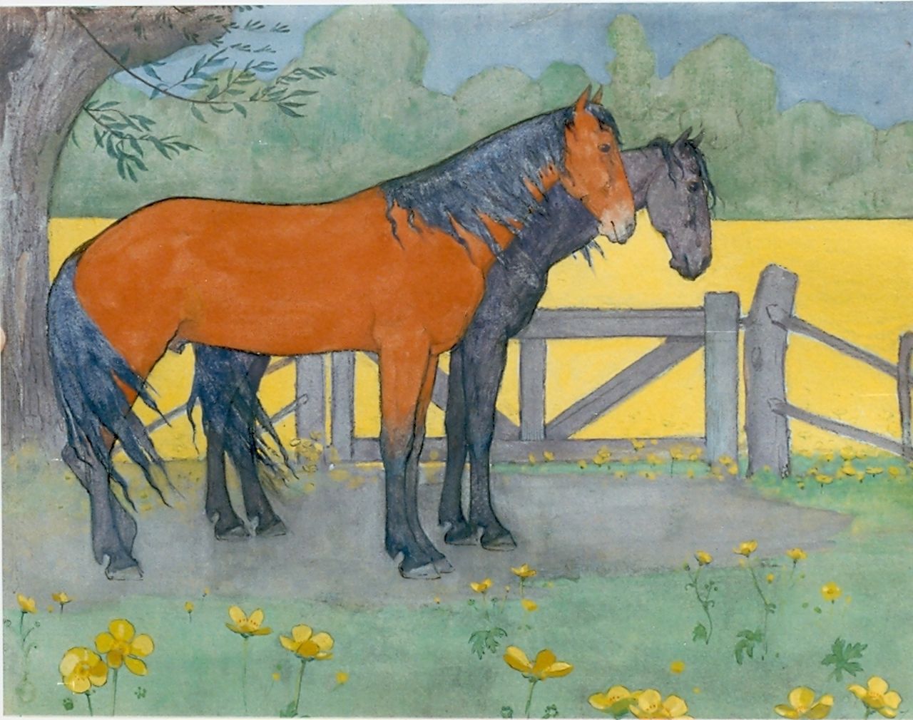 Voerman sr. J.  | Jan Voerman sr., Two horses, Gouache auf Holzfaser 25,0 x 32,0 cm, signed signed with monogram