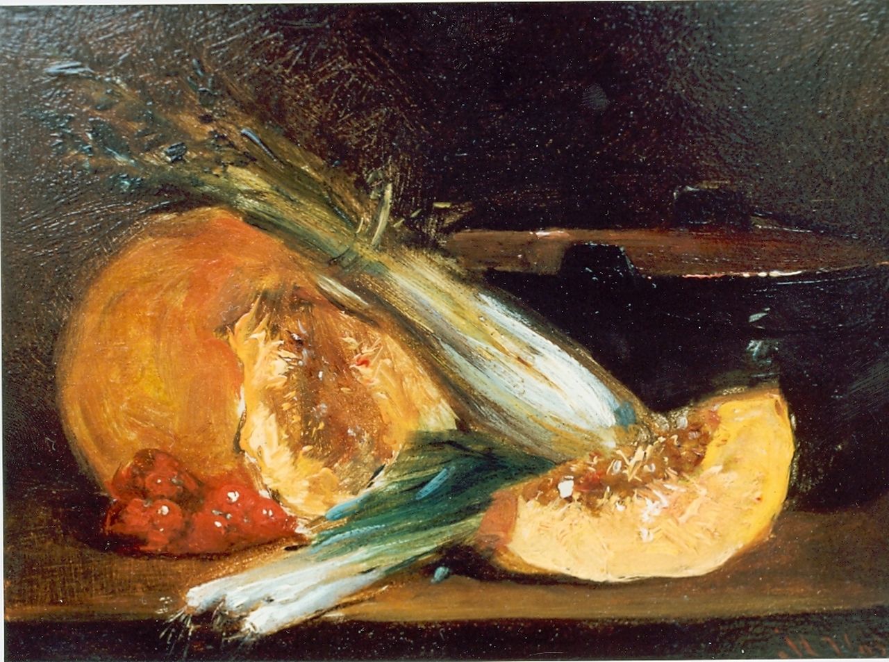 Vos M.  | Maria Vos, Still life with vegetables, Öl auf Holz 16,2 x 22,3 cm, signed l.r.