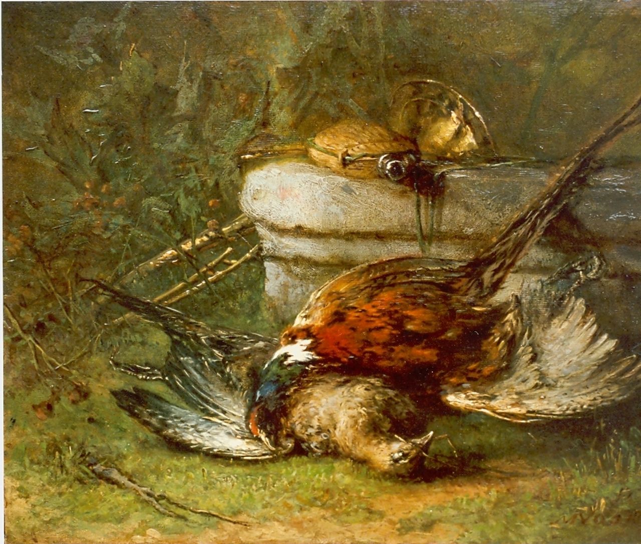 Vos M.  | Maria Vos, A hunting still life with pheasants, Öl auf Holz 25,3 x 31,0 cm, signed l.r. und dated 1892
