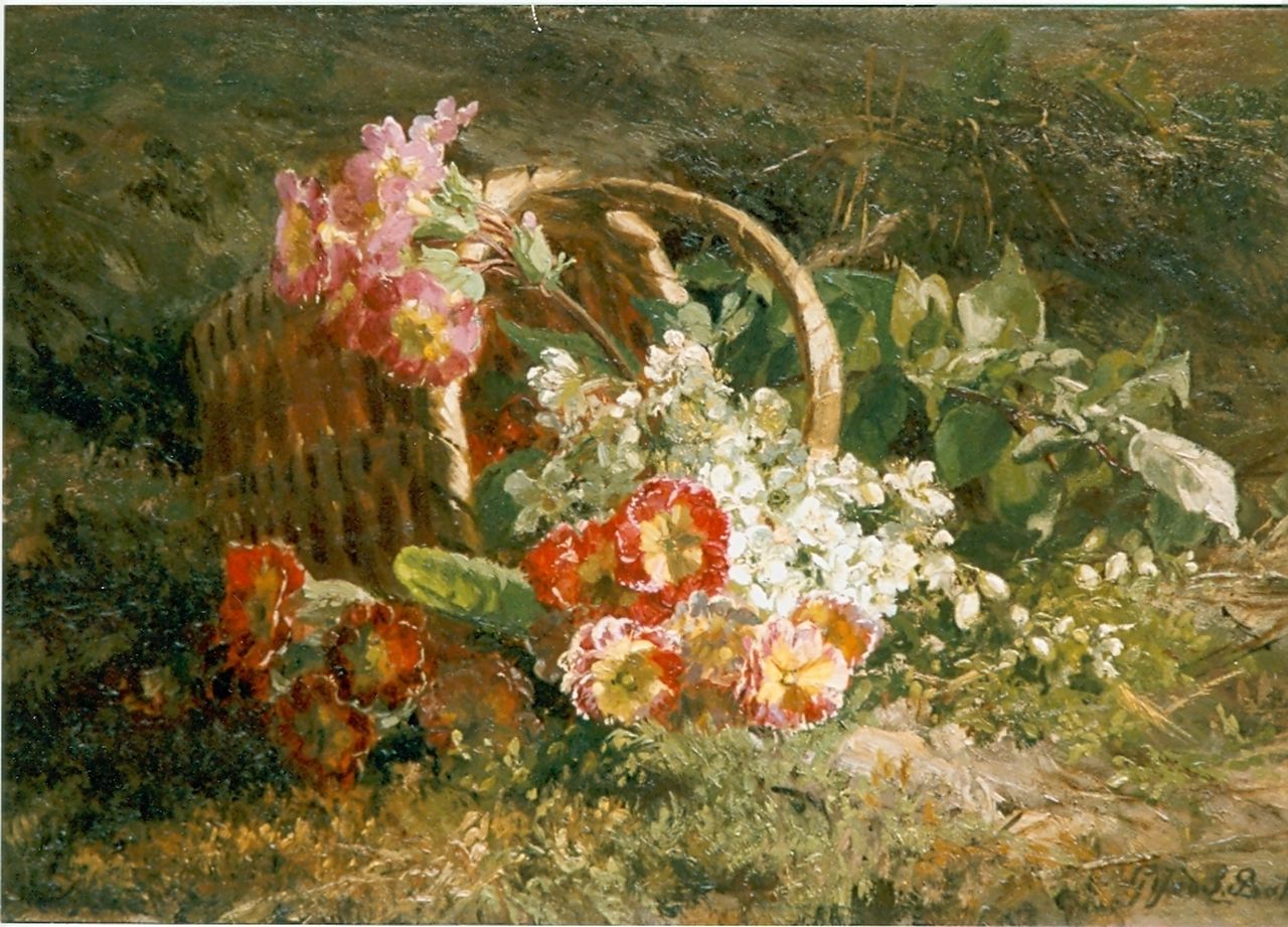 Sande Bakhuyzen G.J. van de | 'Gerardine' Jacoba van de Sande Bakhuyzen, Flowers in a basket, Öl auf Holz 23,0 x 35,0 cm, signed l.r.