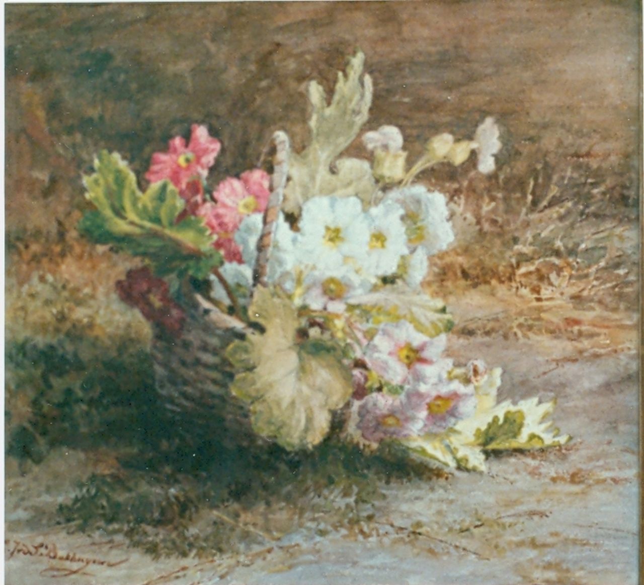 Sande Bakhuyzen G.J. van de | 'Gerardine' Jacoba van de Sande Bakhuyzen, Flowers in a basket, Aquarell auf Papier 44,5 x 37,3 cm, signed l.l.