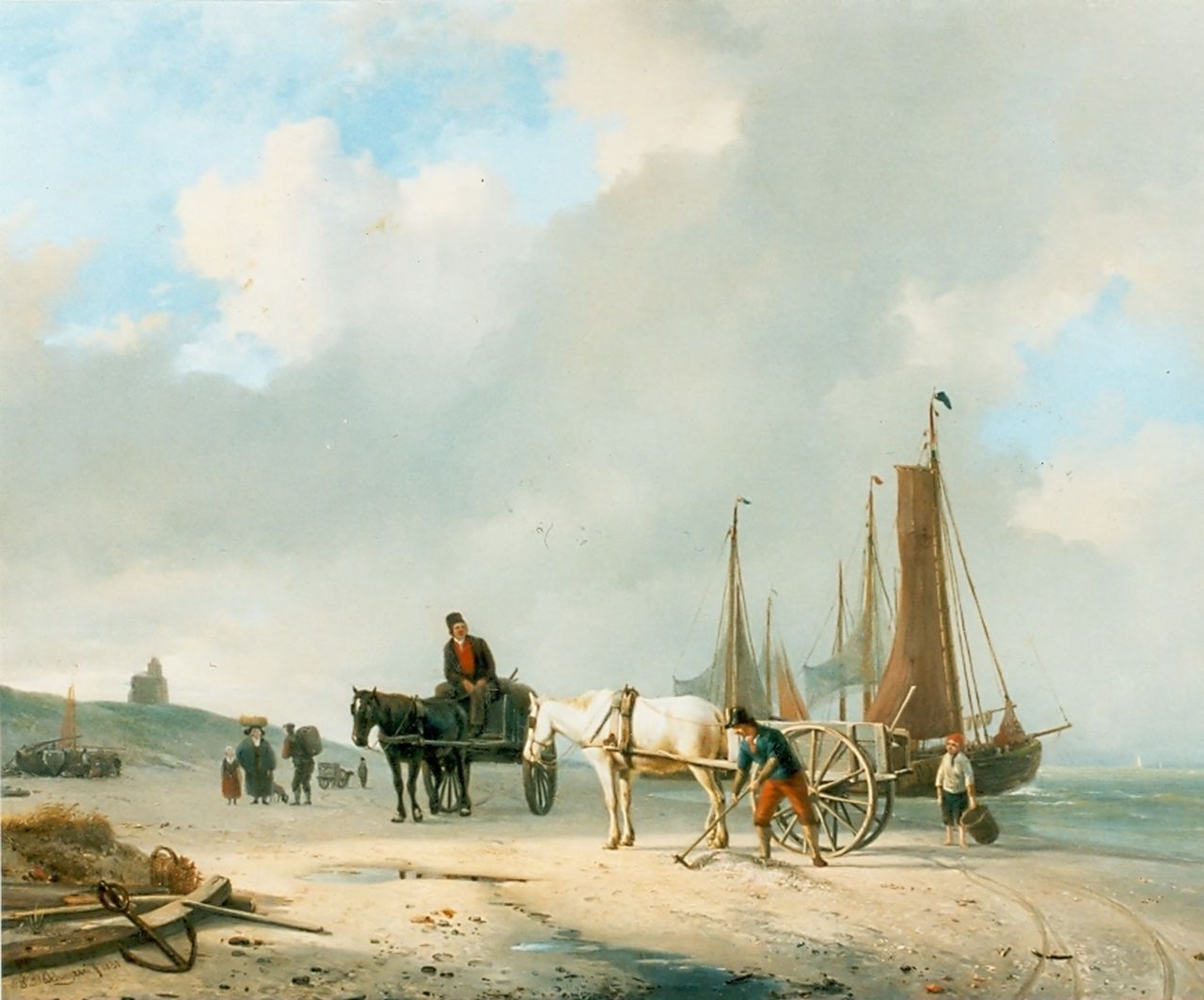 Sande Bakhuyzen H. van de | Hendrikus van de Sande Bakhuyzen, Shell-gatherers on the beach near Oostende, Öl auf Holz 38,6 x 49,3 cm, signed l.l. und dated 1831