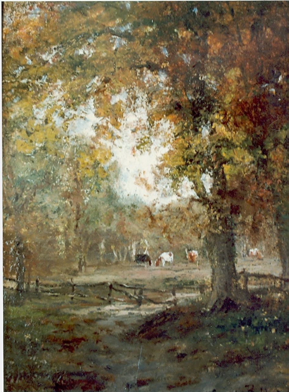 Sande Bakhuyzen J.J. van de | Julius Jacobus van de Sande Bakhuyzen, Autumn landscape with grazing cows, Öl auf Holz 22,2 x 16,4 cm, signed l.r.