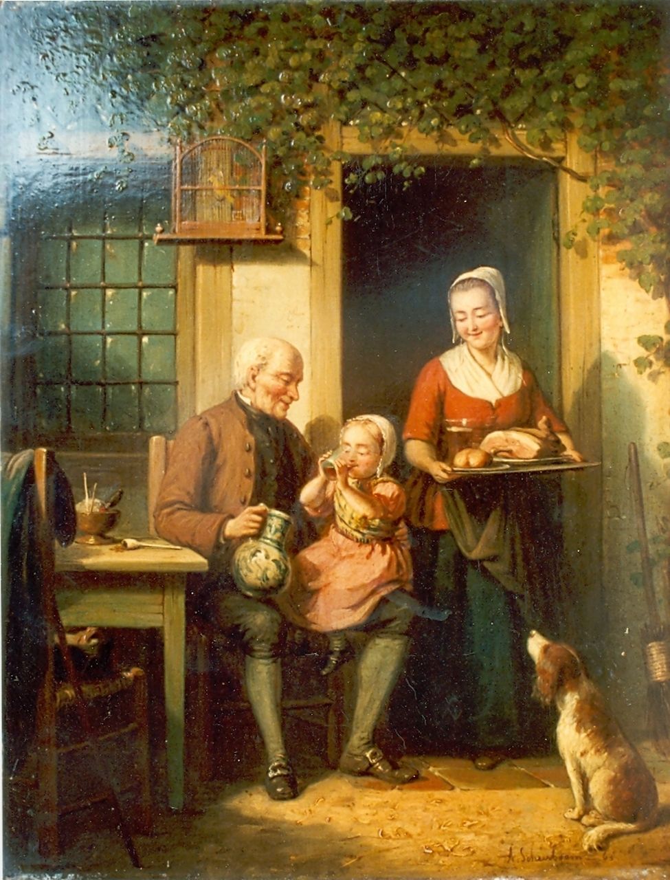 Scheerboom A.  | Andries Scheerboom, A happy family, Öl auf Holz 39,0 x 30,5 cm, signed l.r. und dated '63