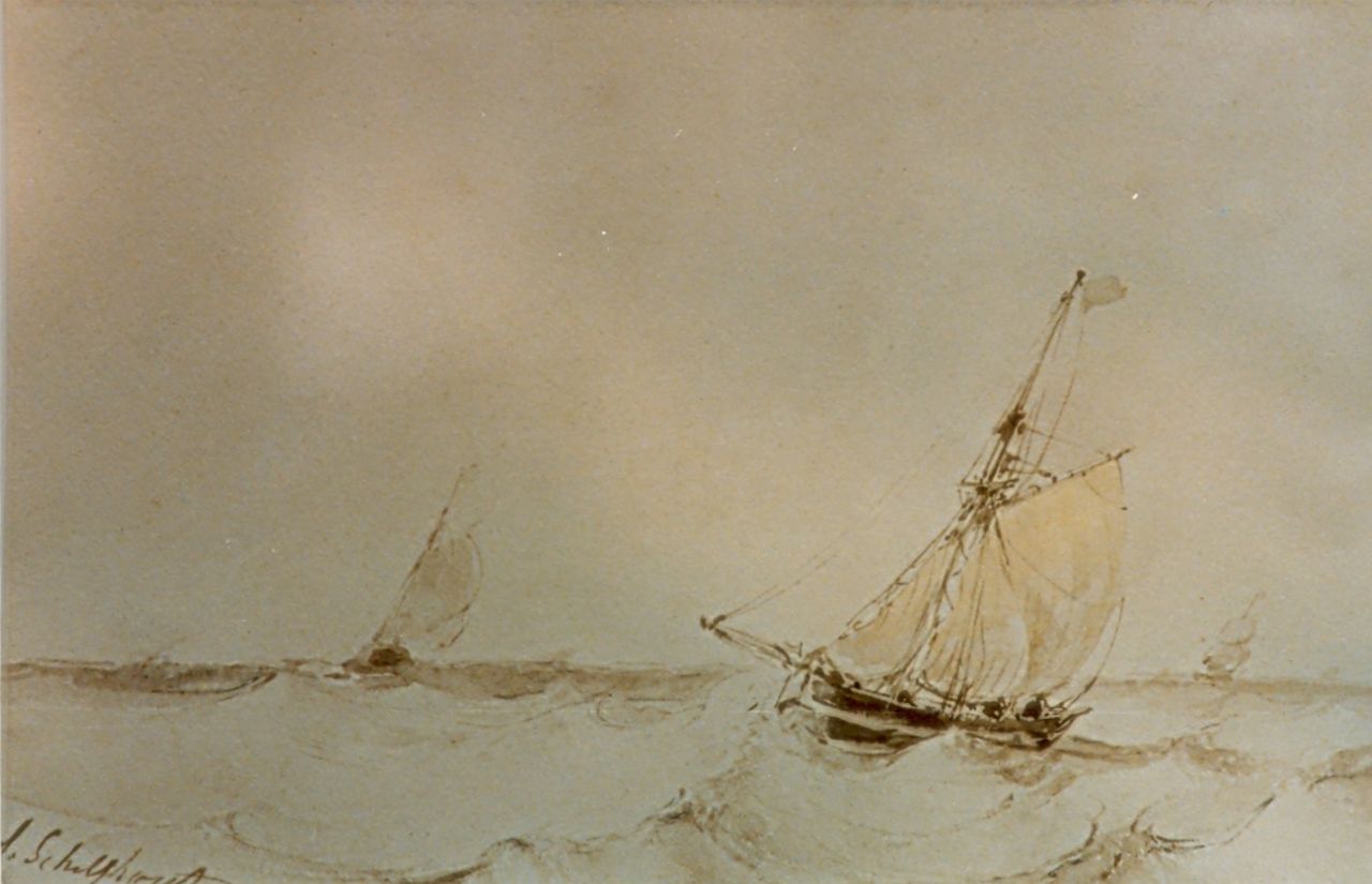 Schelfhout A.  | Andreas Schelfhout, Marine, Sepia auf Papier 17,5 x 27,1 cm, signed l.l.