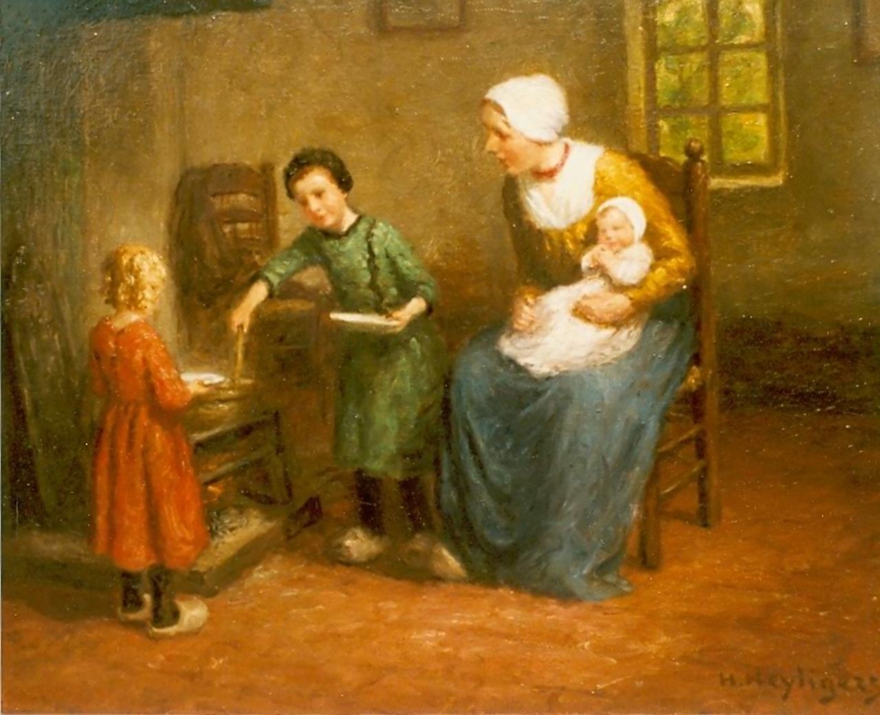 Heijligers H.  | Hendrik 'Henri' Heijligers, Interior with mother and child, Öl auf Leinwand 45,5 x 54,5 cm, signed l.r.