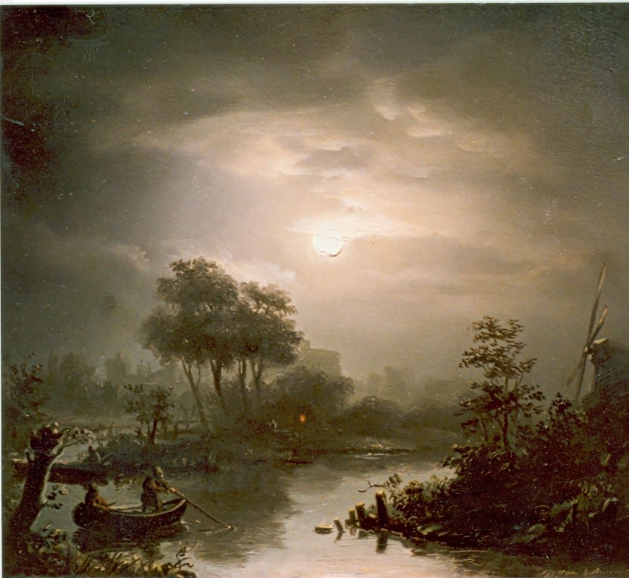 Schendel P. van | Petrus van Schendel, A moonlit landscape with fishermen, Öl auf Holz 19,2 x 22,4 cm, signed l.r.