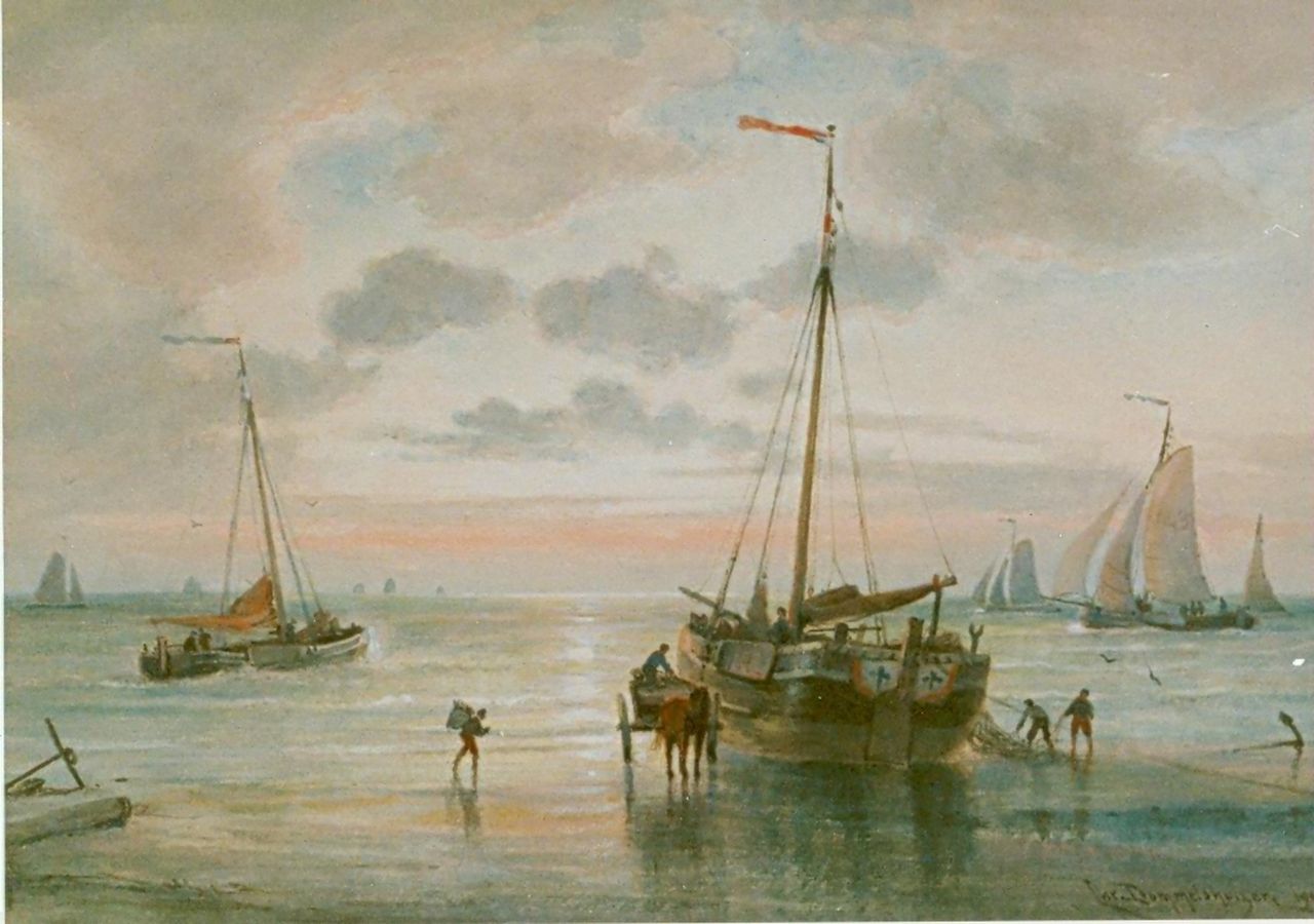 Dommelshuizen C.C.  | Cornelis Christiaan Dommelshuizen, Fishing boats on the beach, Aquarell auf Papier 28,1 x 39,0 cm, signed l.r. und dated 1905