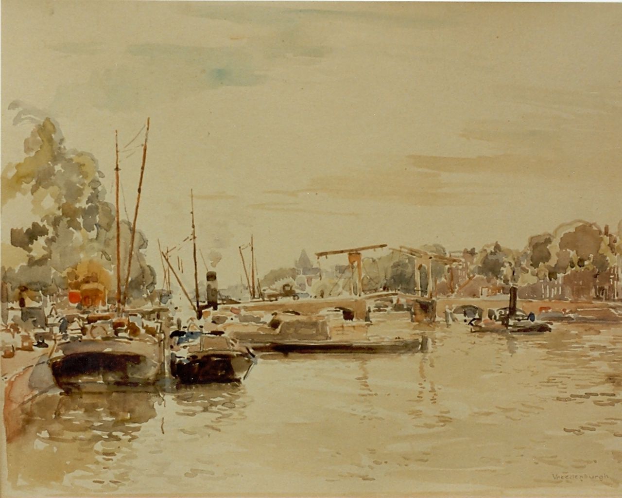 Vreedenburgh C.  | Cornelis Vreedenburgh, The river Amstel, Amsterdam, Aquarell auf Papier 35,5 x 46,0 cm, signed l.r.