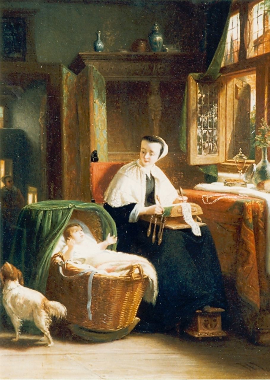 Vaarberg J.C.  | Joannes Christoffel Vaarberg, Interior scene with mother and child, Öl auf Holz 35,5 x 28,0 cm, signed l.r. und dated '60
