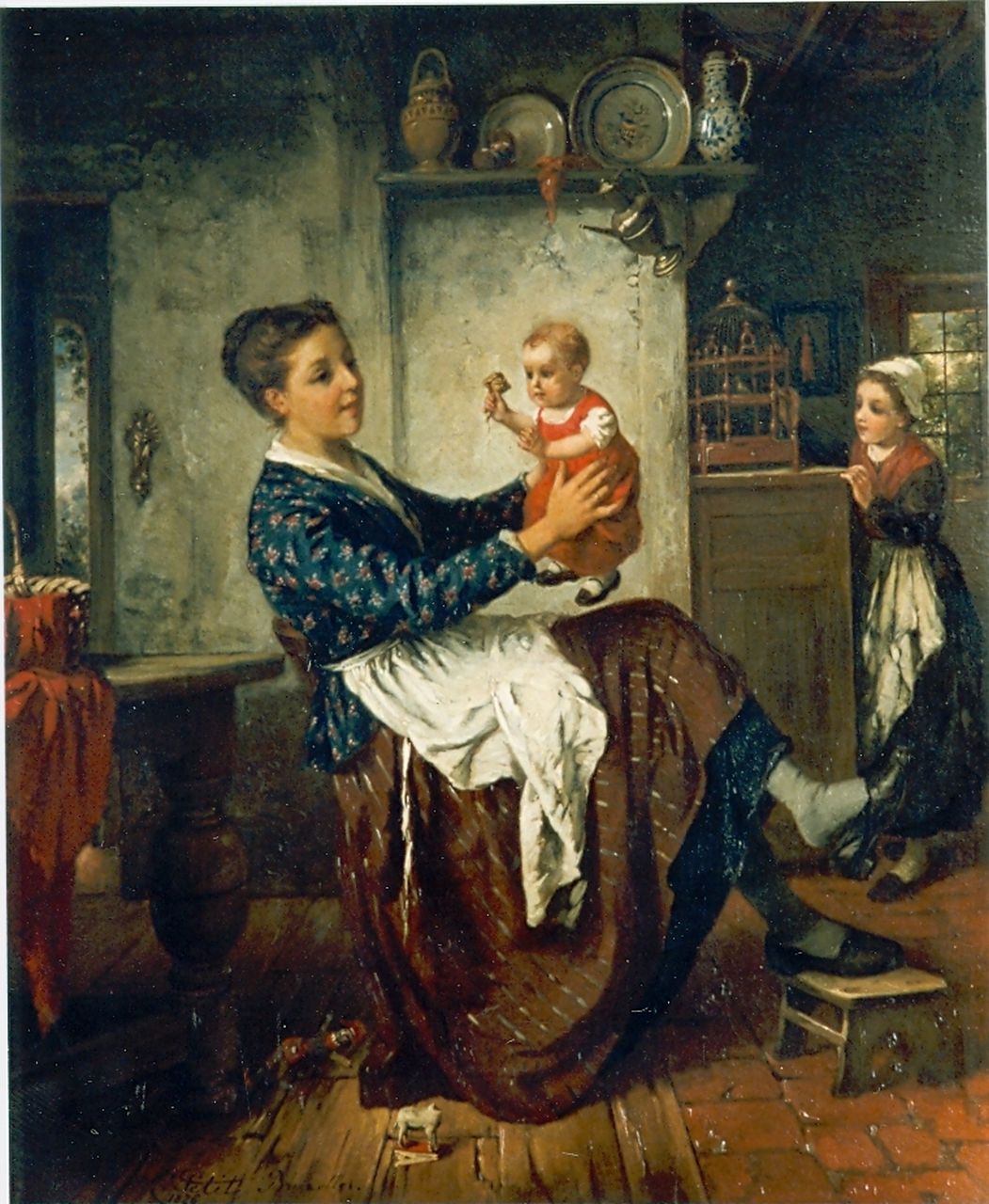 Vaarberg J.C.  | Joannes Christoffel Vaarberg, Interior with mother and child, Öl auf Holz 35,5 x 28,0 cm, signed l.l.