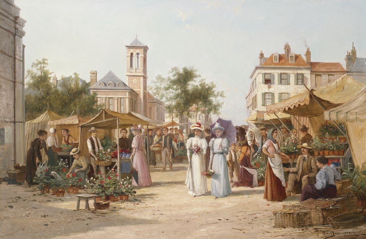 Dommerson W.R.  | William Raymond Dommerson, A flowermarket with elegant ladies, Limburg, Öl auf Leinwand 50,7 x 76,3 cm, signed l.r.