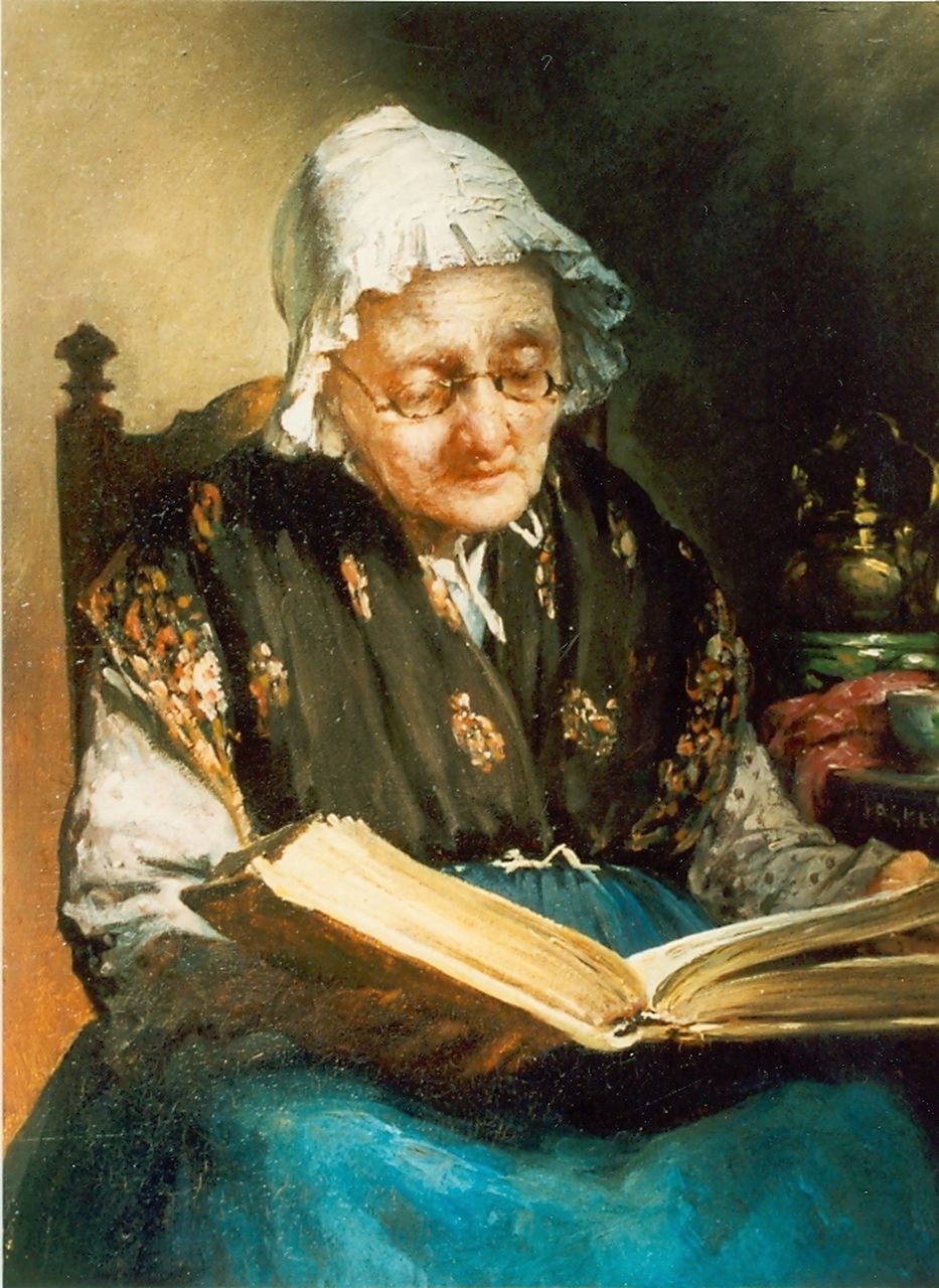 Valkenburg H.  | Hendrik Valkenburg, Elderly lady reading, Öl auf Holz 25,0 x 19,7 cm, signed m.r.
