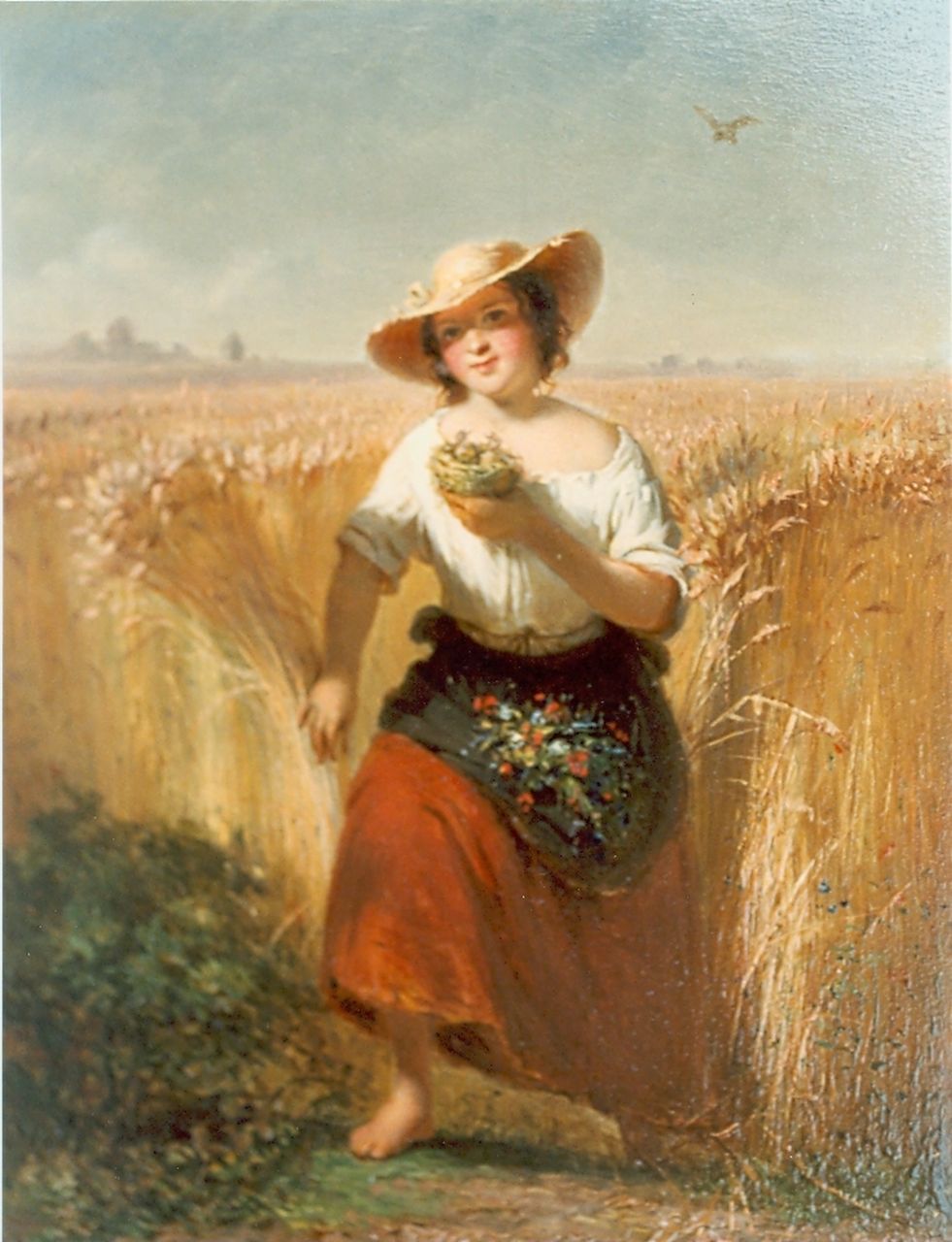 Verheijen J.H.  | Jan Hendrik Verheijen, Woman in a cornfield, Öl auf Holz 20,7 x 15,2 cm, signed l.r.
