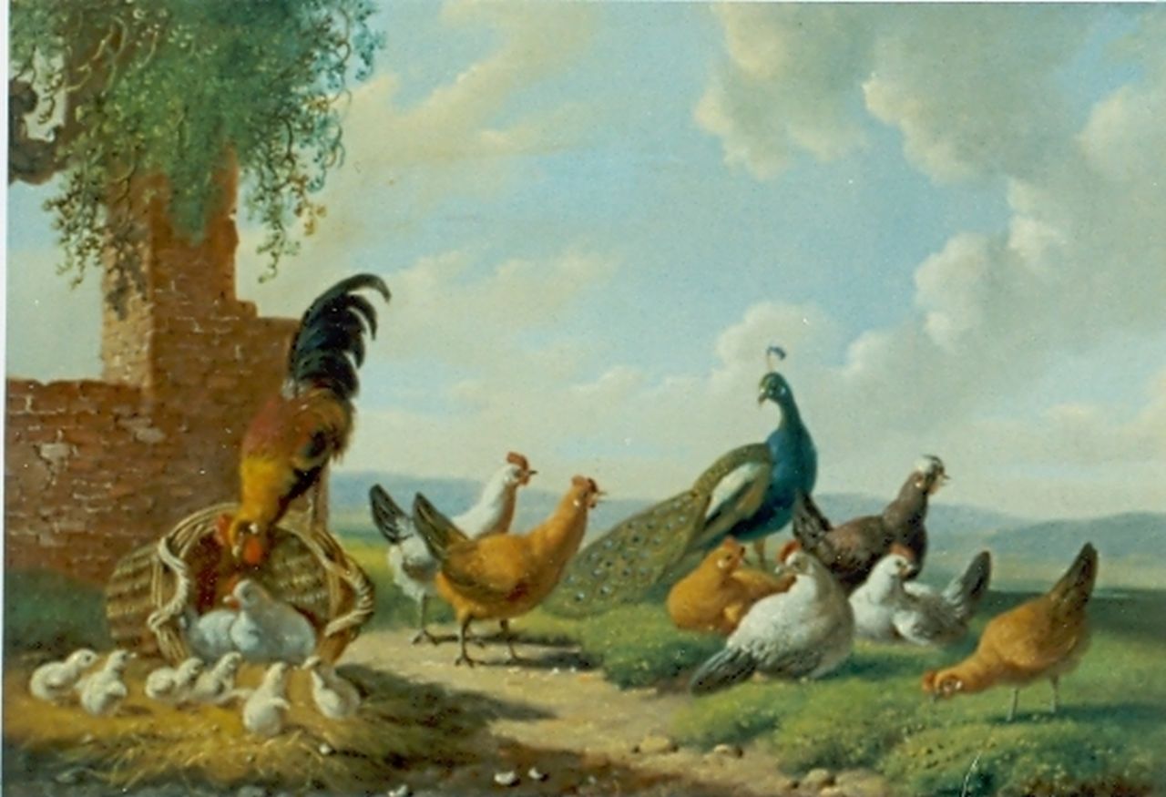 Verhoesen A.  | Albertus Verhoesen, Chickens and a peacock on a yard, Öl auf Holz 13,2 x 17,3 cm, signed l.l. und dated 1874