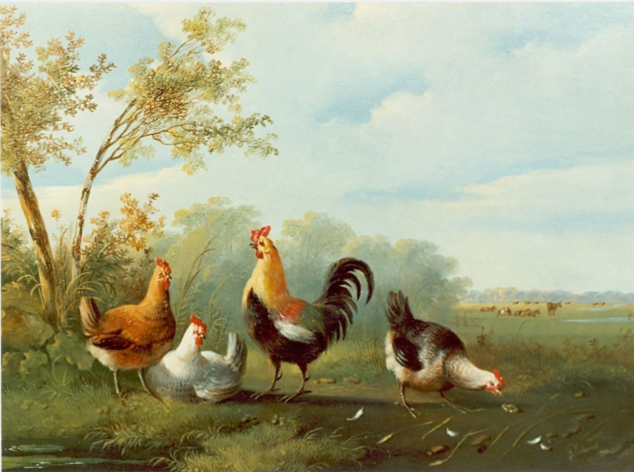 Verhoesen A.  | Albertus Verhoesen, Rooster and hens, Öl auf Holz 24,5 x 32,5 cm, signed l.r.
