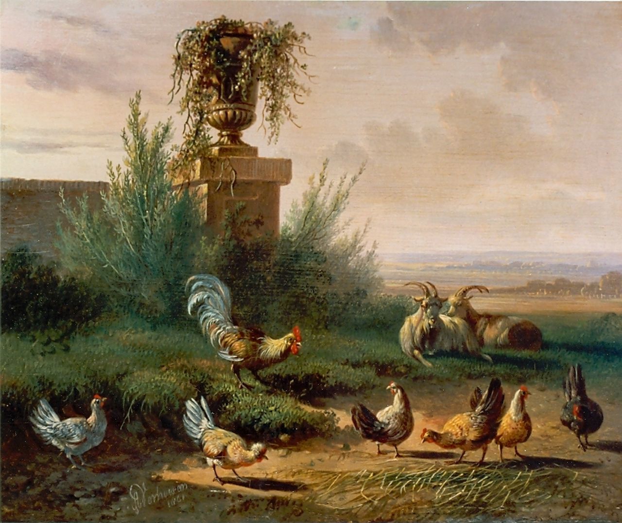Verhoesen A.  | Albertus Verhoesen, Chickens in a meadow, Öl auf Holz 18,0 x 22,1 cm, signed l.l. und dated 1861