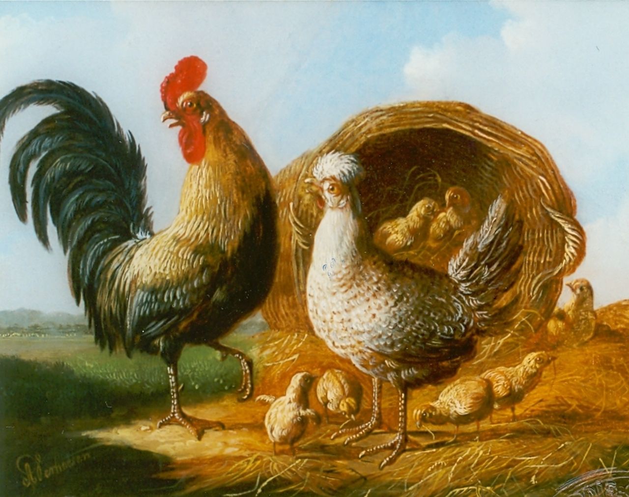 Verhoesen A.  | Albertus Verhoesen, Rooster, hen and chickens, Öl auf Holz 13,5 x 17,5 cm, signed l.l.
