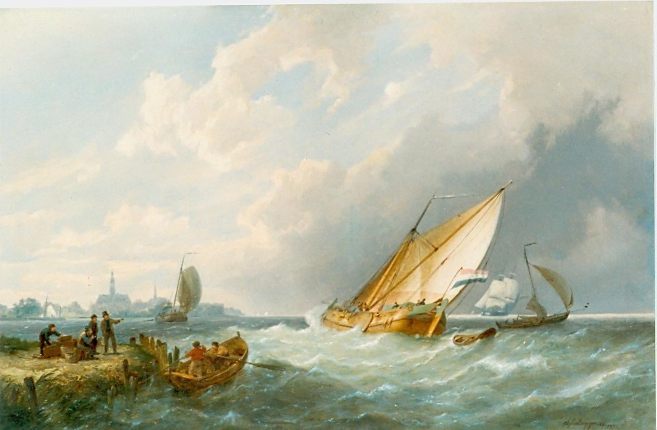 Dommershuijzen P.C.  | Pieter Cornelis Dommershuijzen, Sailing boats in a stiff breeze, Öl auf Holz 40,8 x 61,0 cm, signed l.r. und dated 1871
