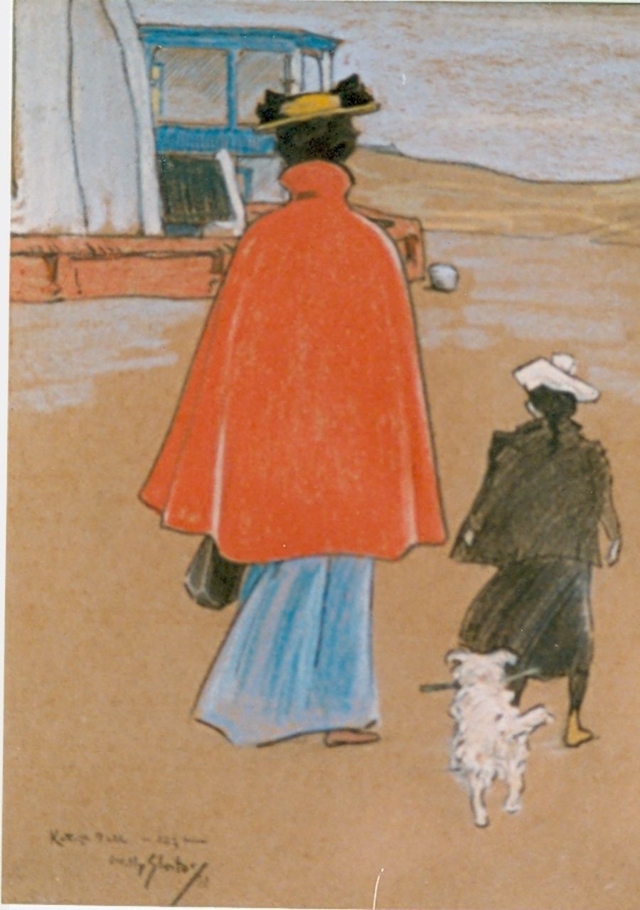 Sluiter J.W.  | Jan Willem 'Willy' Sluiter, Elegant figures on beach, Katwijk, Zeichnung auf Papier 28,2 x 22,0 cm, signed l.l. und dated '01