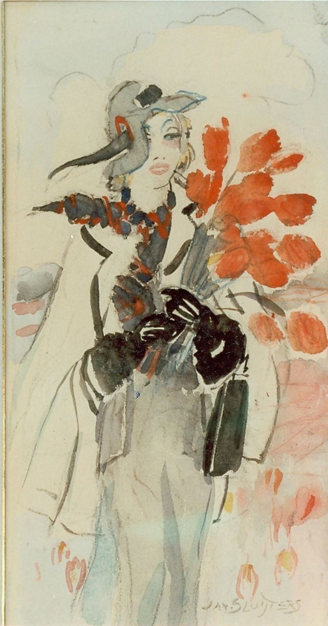 Sluijter J.J.H.  | Johanna Jozina Helena 'Anna' Sluijter, Elegant lady with red tulips, Aquarell auf Holzfaserplatte 24,5 x 14,0 cm, signed l.r.