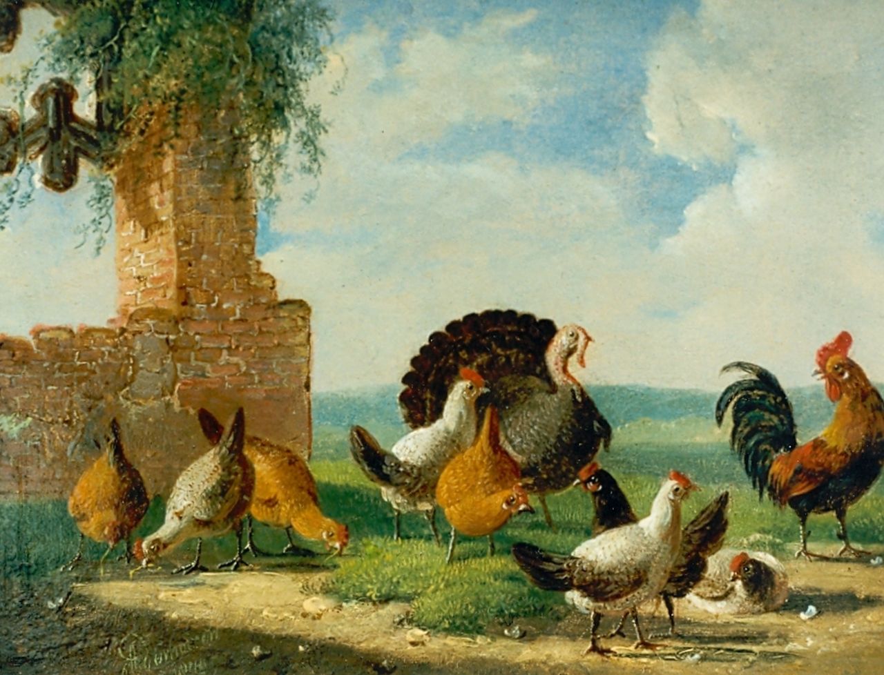 Verhoesen A.  | Albertus Verhoesen, Chickens and a turkey on a yard, Öl auf Holz 13,2 x 17,3 cm, signed l.l. und dated 1874