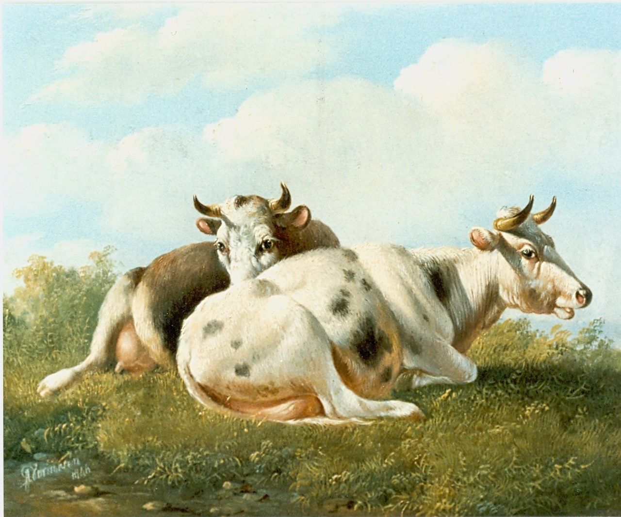 Verhoesen A.  | Albertus Verhoesen, Cows in a meadow, Öl auf Holz 14,5 x 16,5 cm, signed l.l. und dated 1846