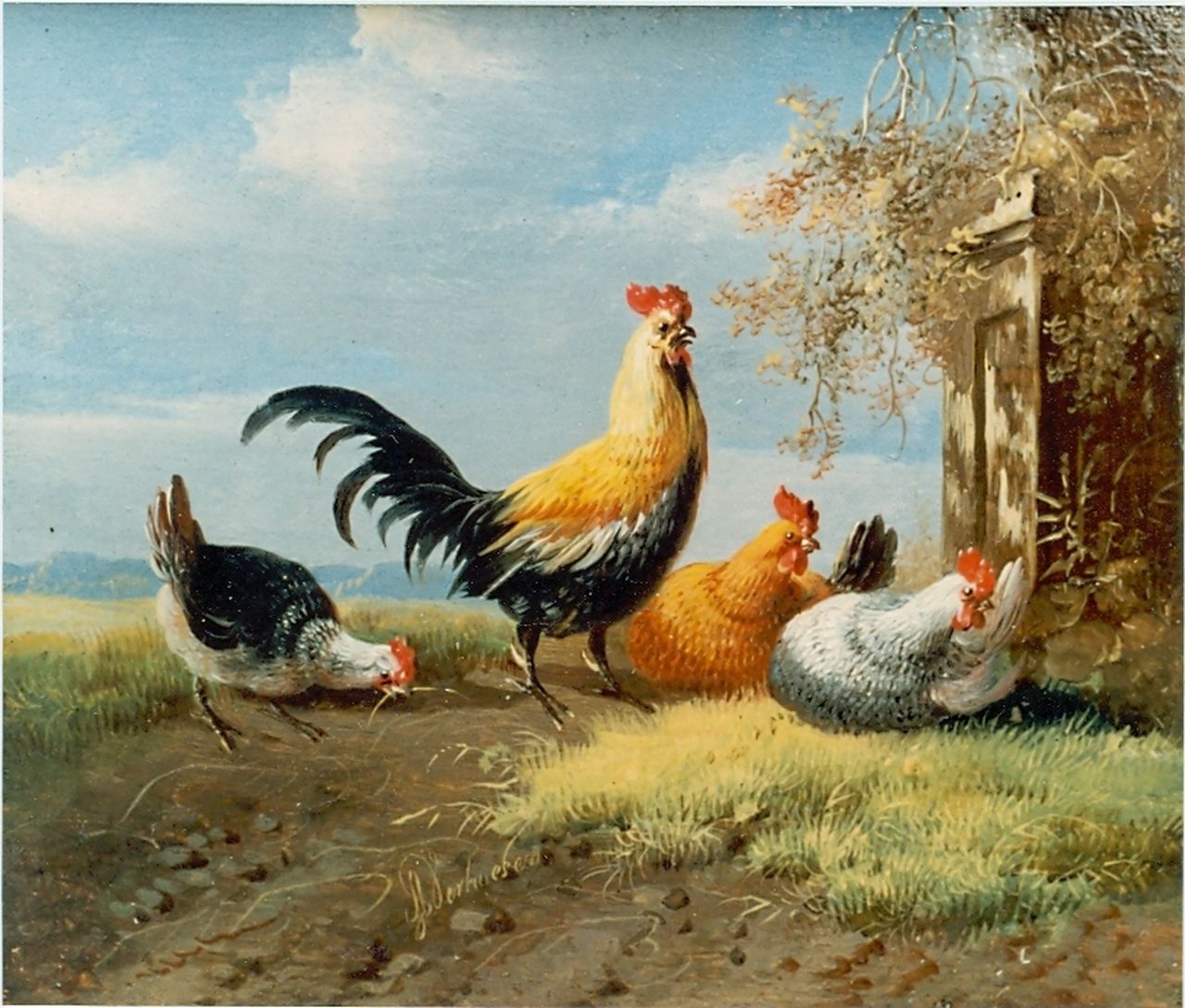 Verhoesen A.  | Albertus Verhoesen, A rooster and chickens, Öl auf Holz 11,3 x 13,2 cm, signed l.l.