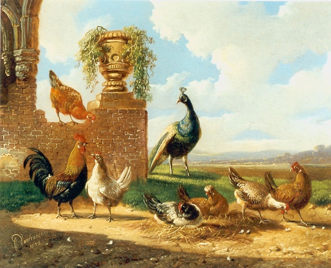 Verhoesen A.  | Albertus Verhoesen, Chickens and a  peacock in a classical landscape, Öl auf Holz 13,5 x 17,2 cm, signed l.l. und dated 1870