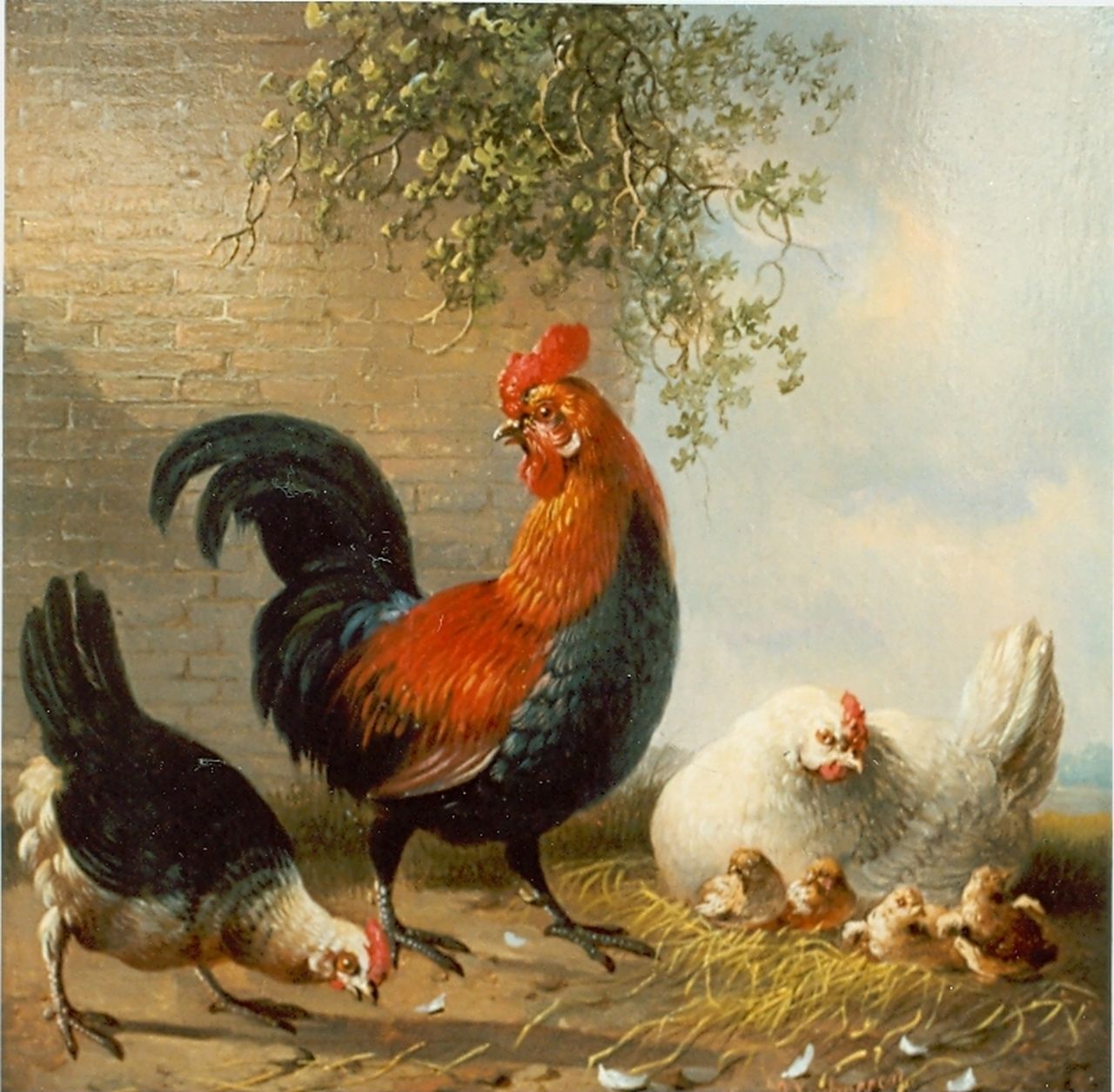 Verhoesen A.  | Albertus Verhoesen, Rooster, hen and chickens, Öl auf Holz 16,5 x 16,5 cm, signed l.r. und dated 1858