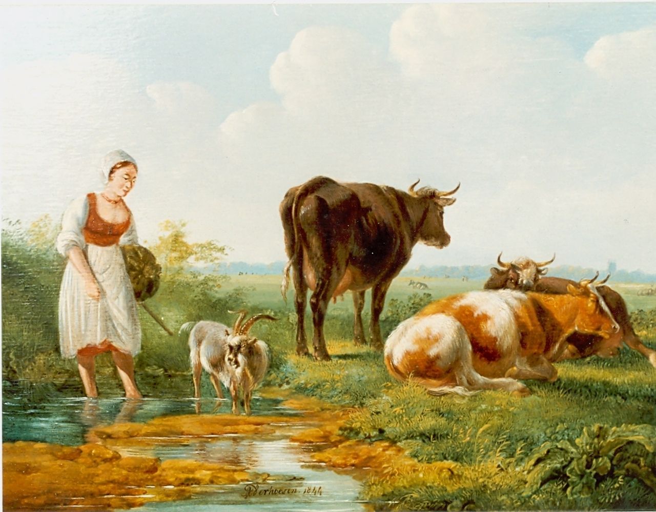Verhoesen A.  | Albertus Verhoesen, A shepherdess, Öl auf Holz 22,0 x 27,0 cm, signed l.c.