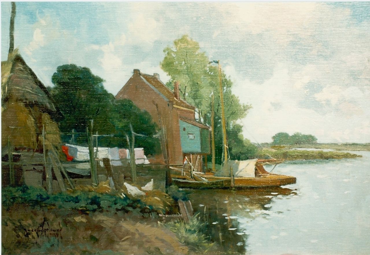 Verleur A.  | Andries Verleur, Farm along a waterway, Öl auf Holz 32,5 x 49,5 cm, signed l.l.