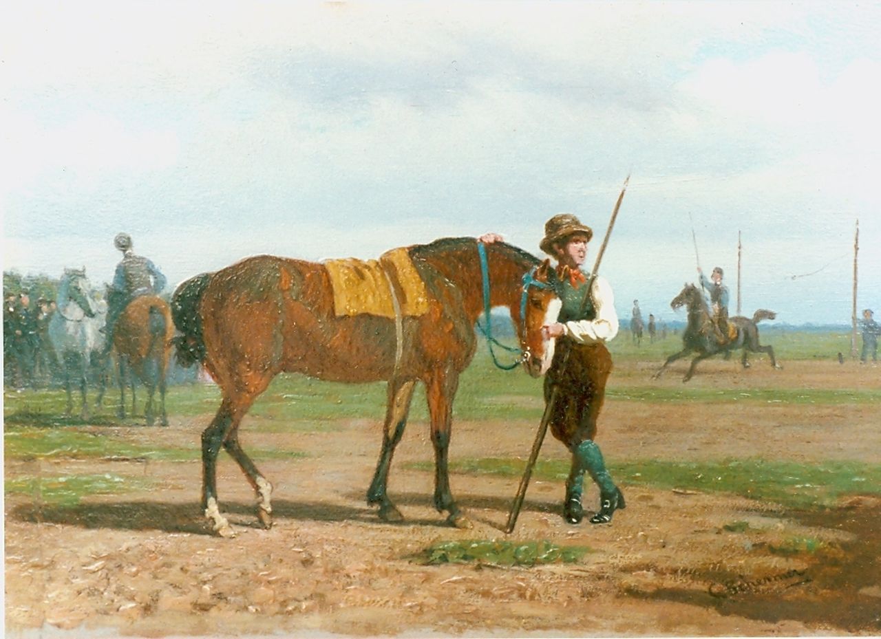 Schermer C.A.J.  | Cornelis Albertus Johannes Schermer, Rider and his horse, Öl auf Holz 13,0 x 18,3 cm, signed l.r.