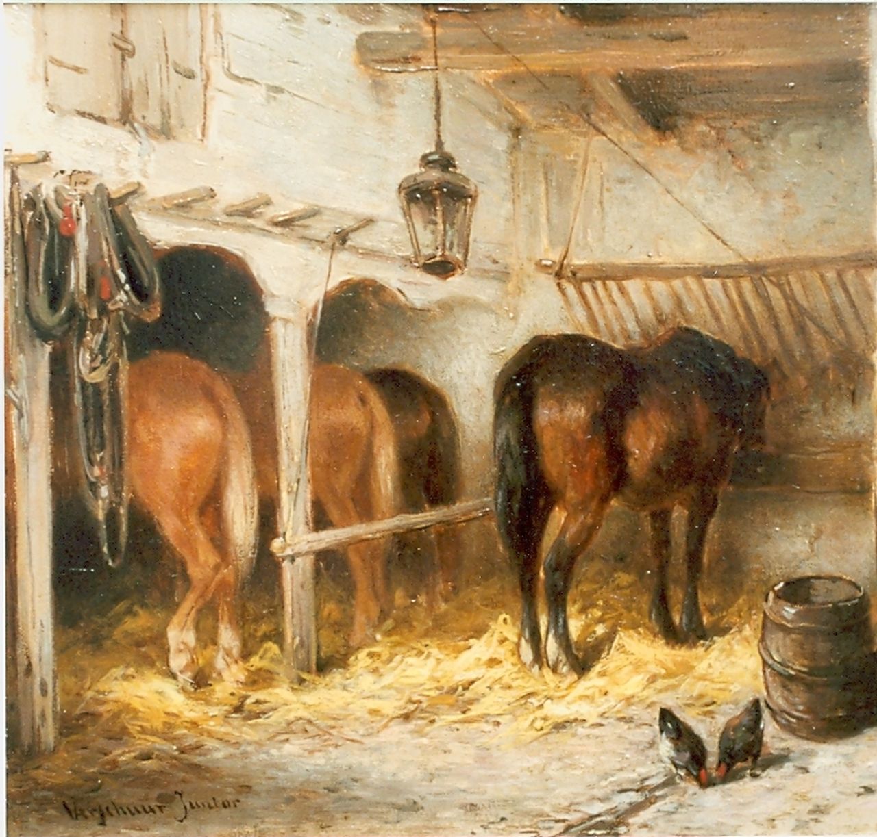 Verschuur jr. W.  | Wouter Verschuur jr., Horses in a stable, Öl auf Holz 15,0 x 20,0 cm, signed l.l.