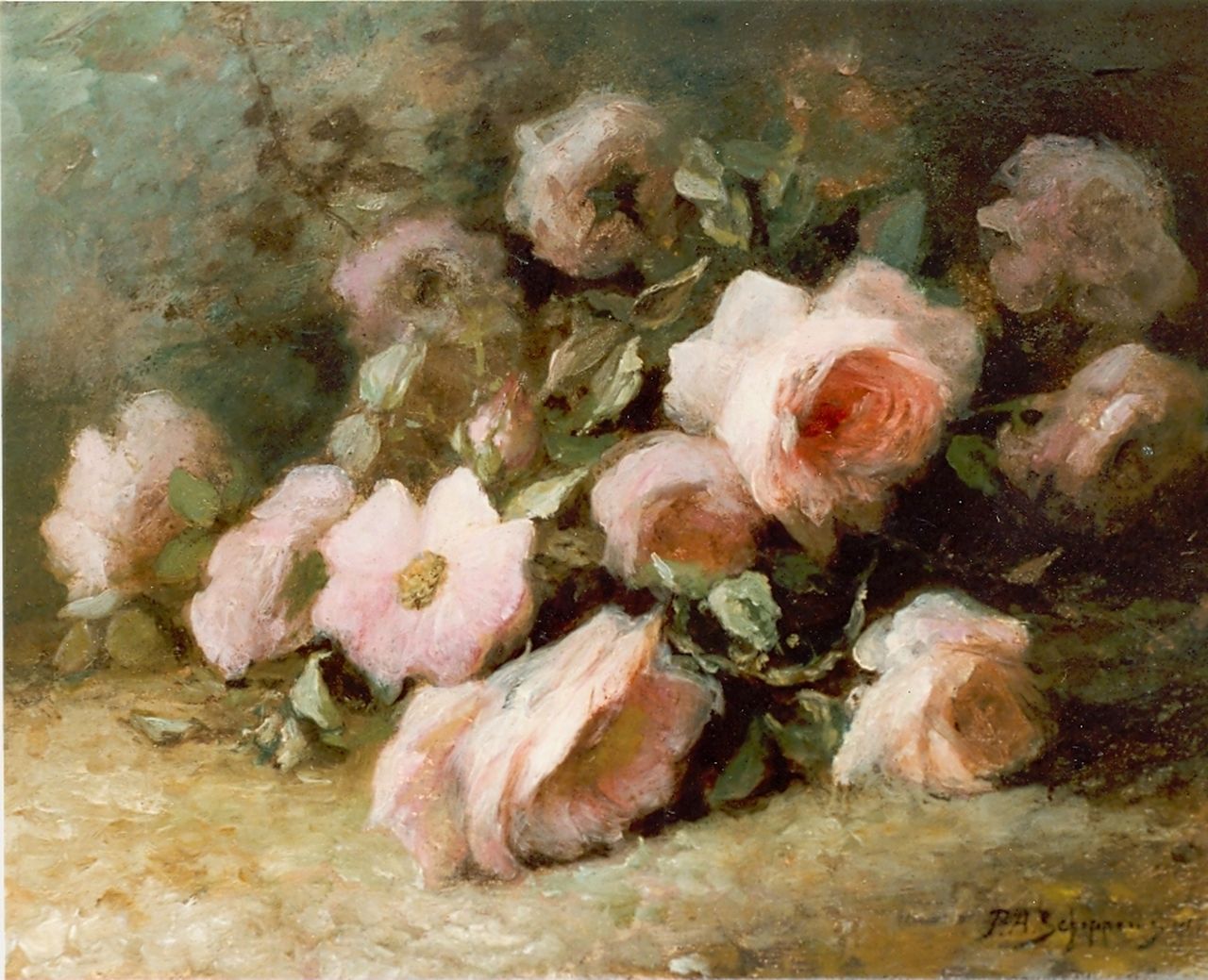 Schipperus P.A.  | Pieter Adrianus 'Piet' Schipperus, Still life with pink roses, Öl auf Holz 29,5 x 38,7 cm, signed l.r. und signed 1915
