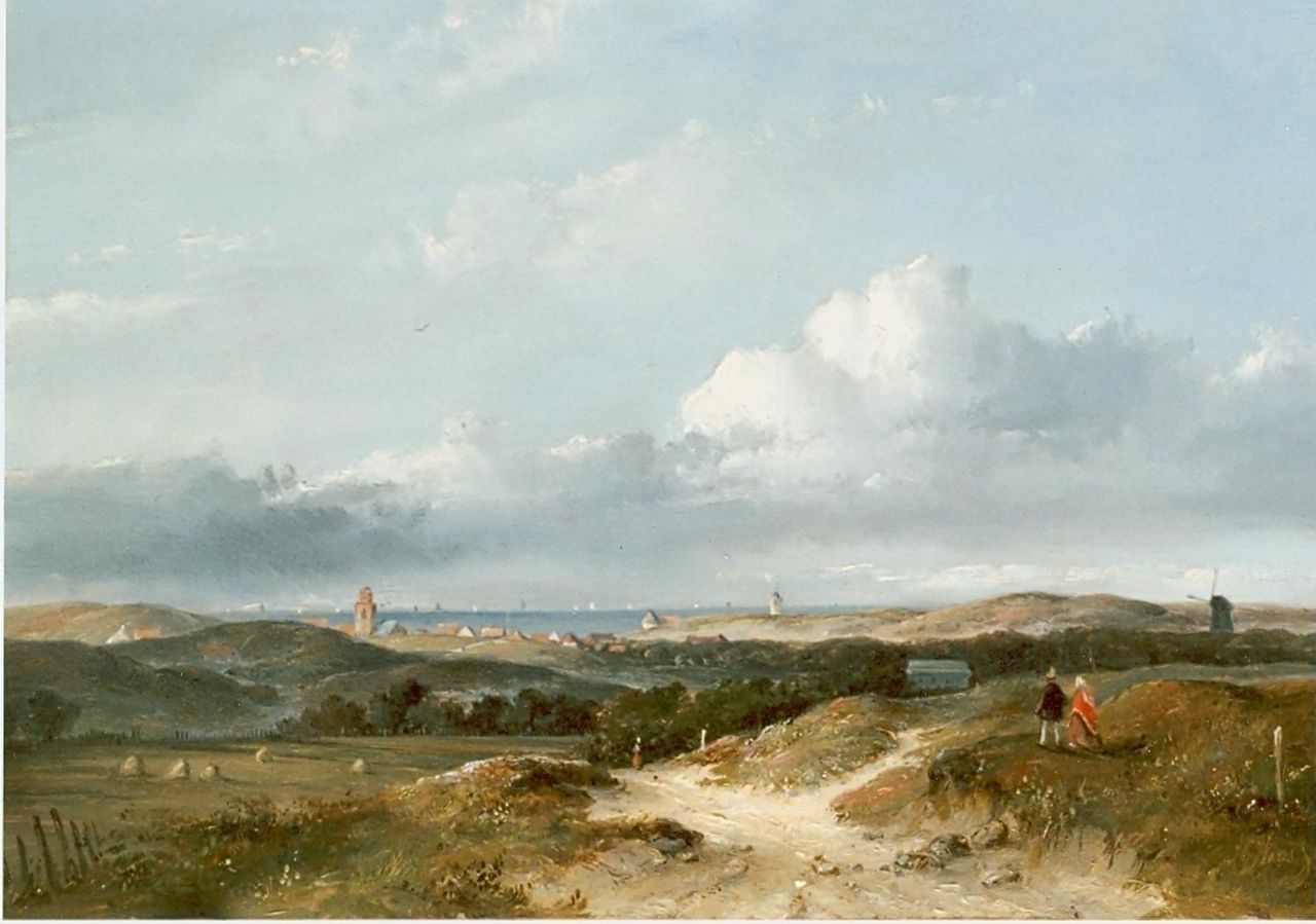 Hans J.G.  | Josephus Gerardus Hans, Panoramic landscape, Katwijk aan Zee in the distance, Öl auf Holz 26,0 x 34,7 cm, signed l.r.