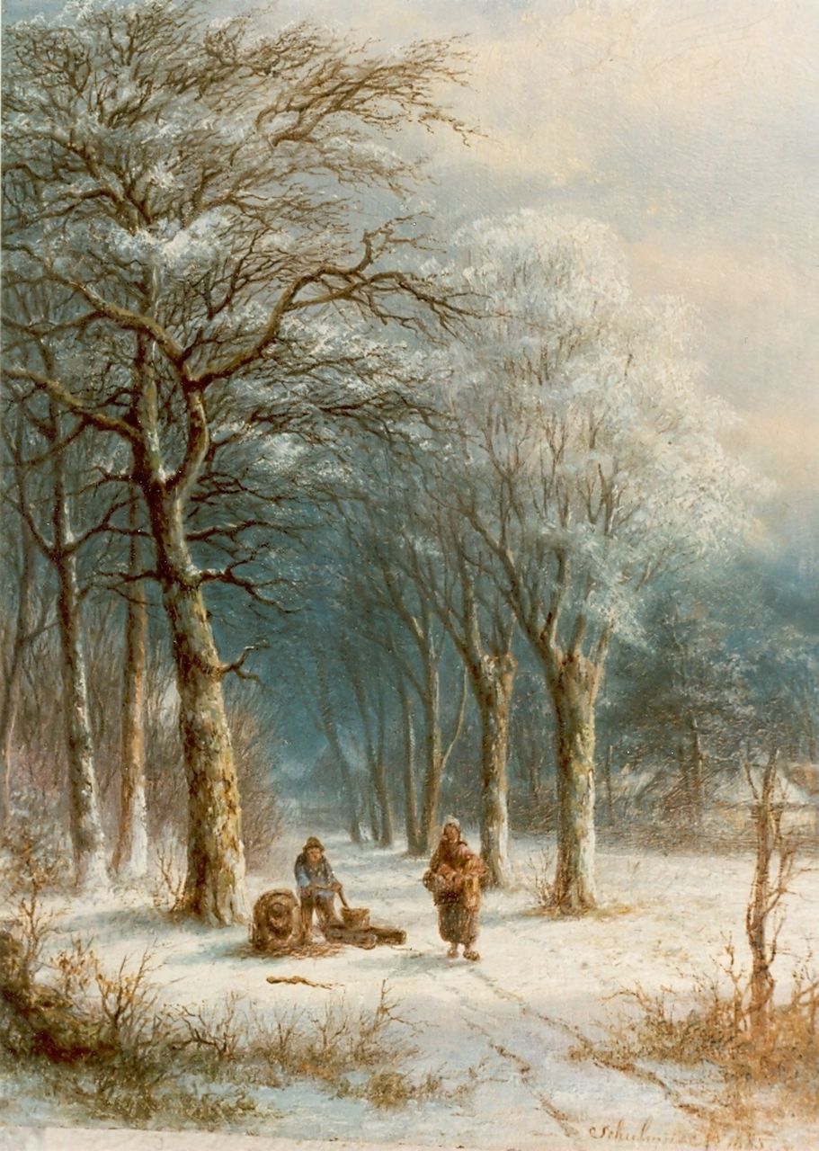 Schulman L.  | Lion Schulman, Gathering wood in winter, Öl auf Holz 32,0 x 25,4 cm, signed l.r. und dated 1885
