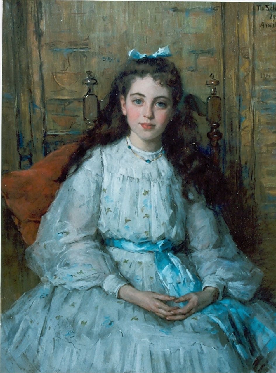 Schwartze T.  | Thérèse Schwartze, Young lady in white dress, Pastell auf Papier 10,6 x 86,0 cm, signed u.r. und dated '1903 Amsterdam'