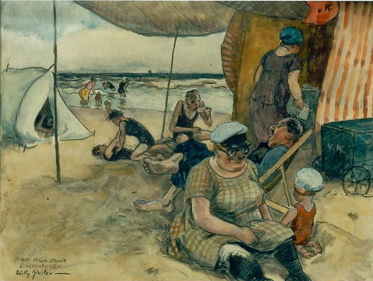 Sluiter J.W.  | Jan Willem 'Willy' Sluiter, Figures on the beach, Scheveningen, Gemischte Technik auf Papier 37,0 x 48,0 cm, signed l.l.